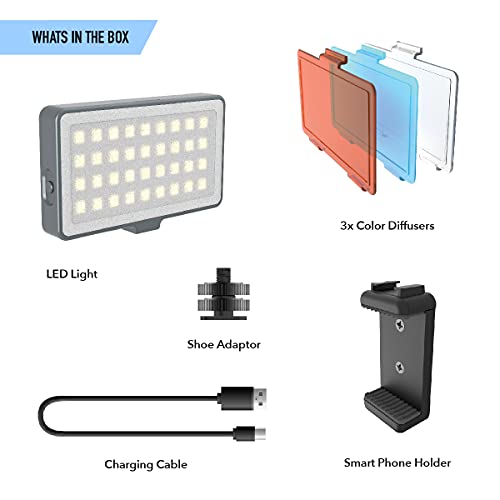 DigiPower GoViral - InstaFame - Super Compact 50 LED Video Light (3.5W) Features 350 Lumens, 3-Level Adjustable Brightness Includes Phone & Camera Adapter, 3 Color Diffusers & Micro USB Cable