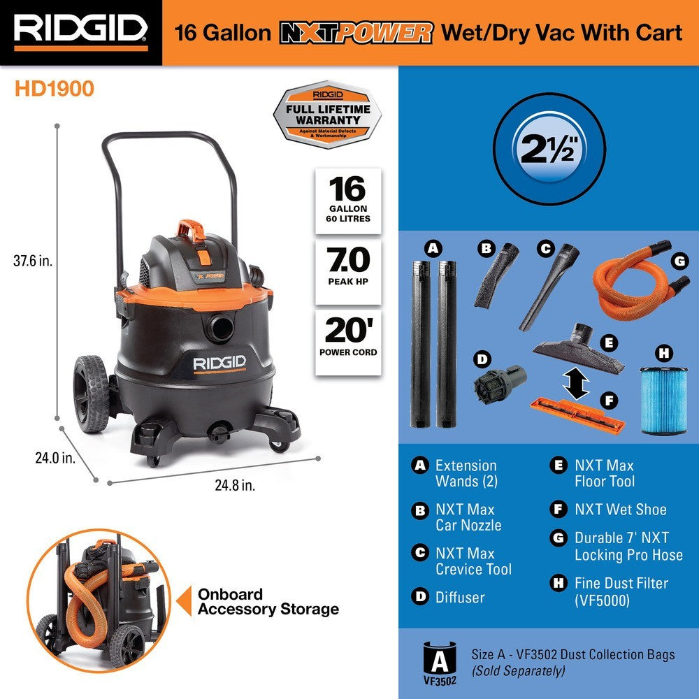 RIDGID 16 Gal. 7.0 Peak HP NXT Power Shop Vacuum w/ Cart, Fine Dust Filter, Hose