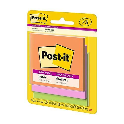 Post-it Super Sticky Notes, 3x3 in, 3 Pads, 2x the Sticking Power, Bright Color