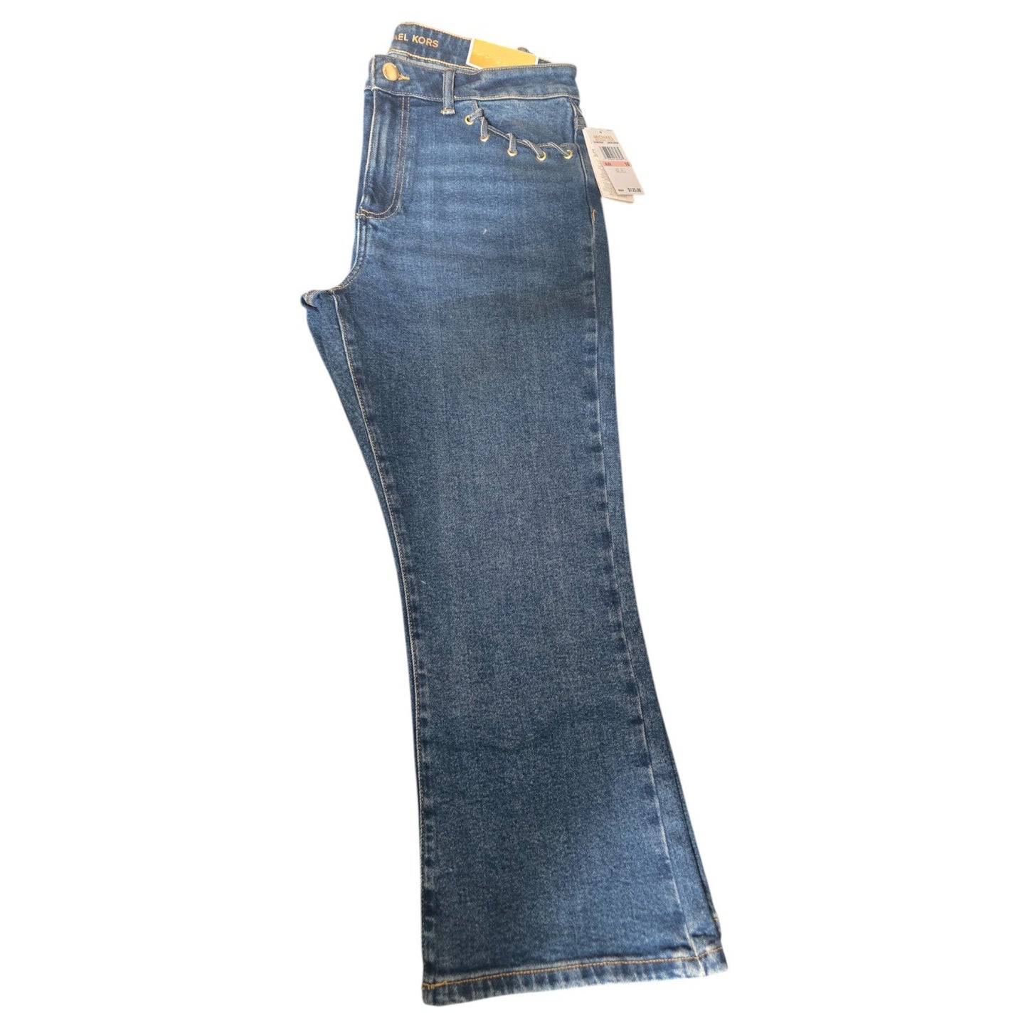 NWT MICHAEL KORS Selma Crop Flare High Rise Jeans | MK logo | Lake Blue Wash