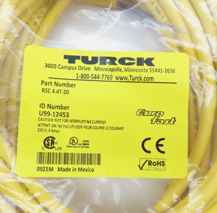 Turck RSC 4.4T-20 Cordset, 20M U99-12453 Cable 60ft Euro Fast Industrial New OEM