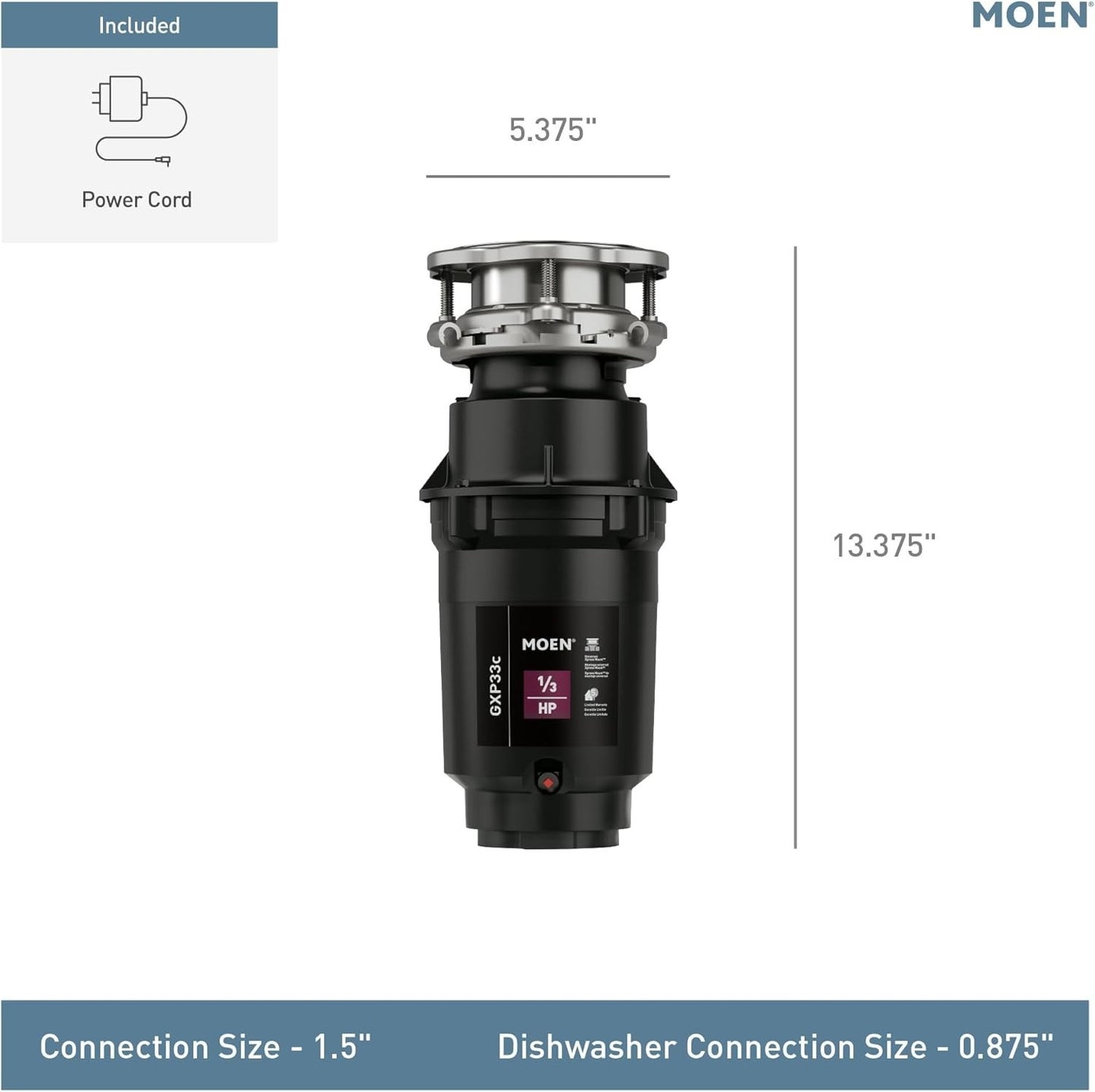 Moen The Lite GXP33c PRO Compact Garbage Disposal for Kitchen Sink 1/3 HP Black