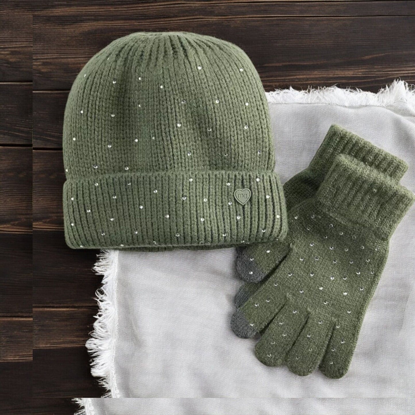 Girl's Madden Girl Rhinestone Beanie & Gloves Set, Sage, M/L
