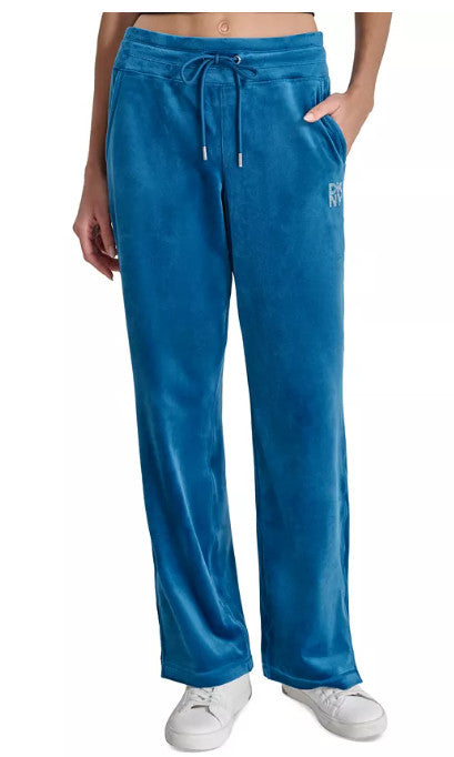 NWT! DKNY Sport Women's Sz L Velour Rhinestone Logo Pull On Pant Teal DP4P3552