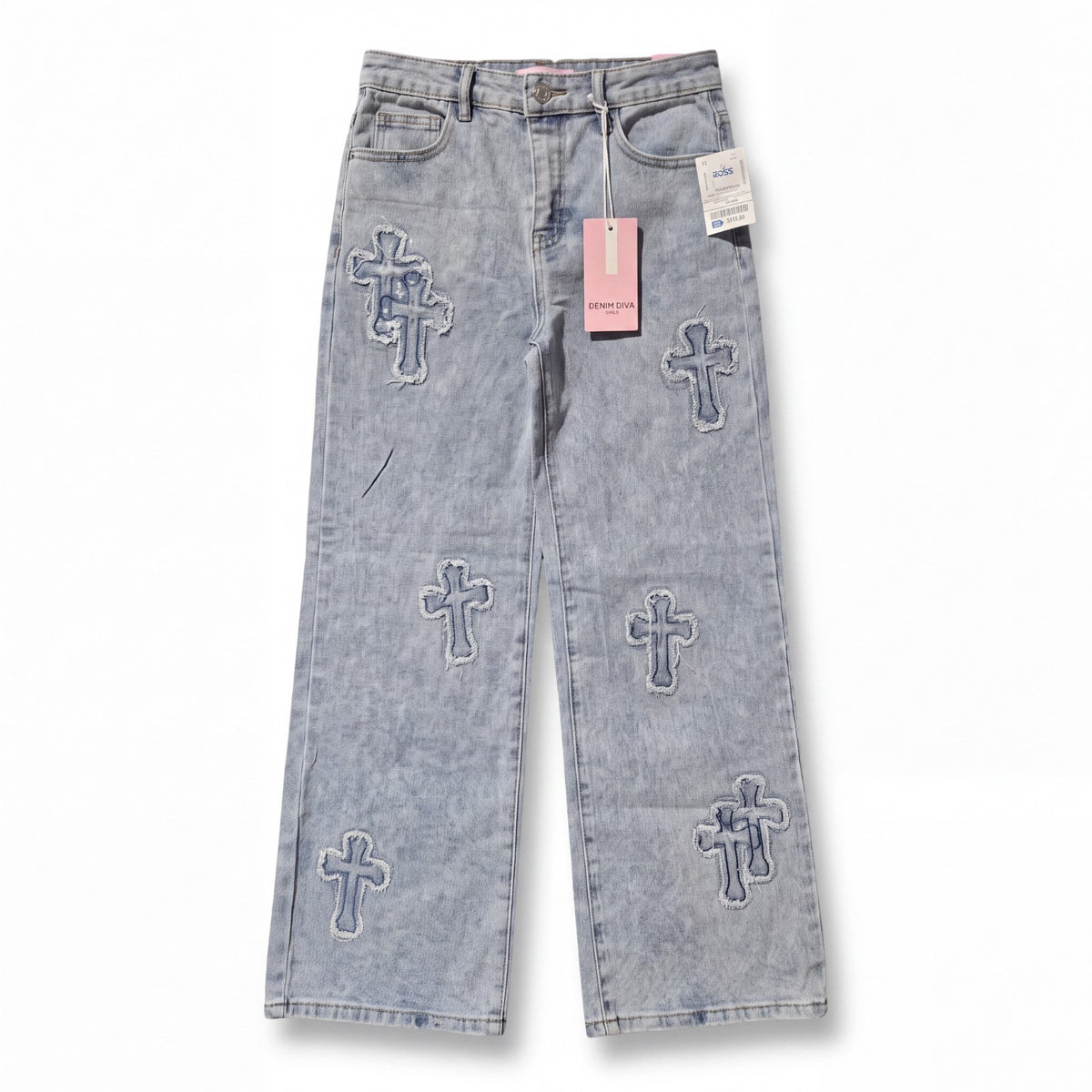 Denim Diva Girl’s Flared Bell Jeans Blue Crosses Pockets Light Wash Kids NWT