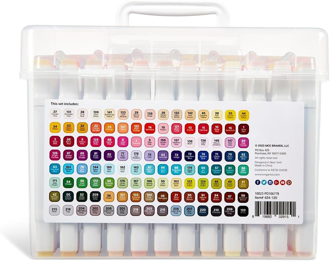 KINGART® 424-120 PRO Double-Ended Alcohol Ink Art Markers, 120 COLORS, Fine Poi