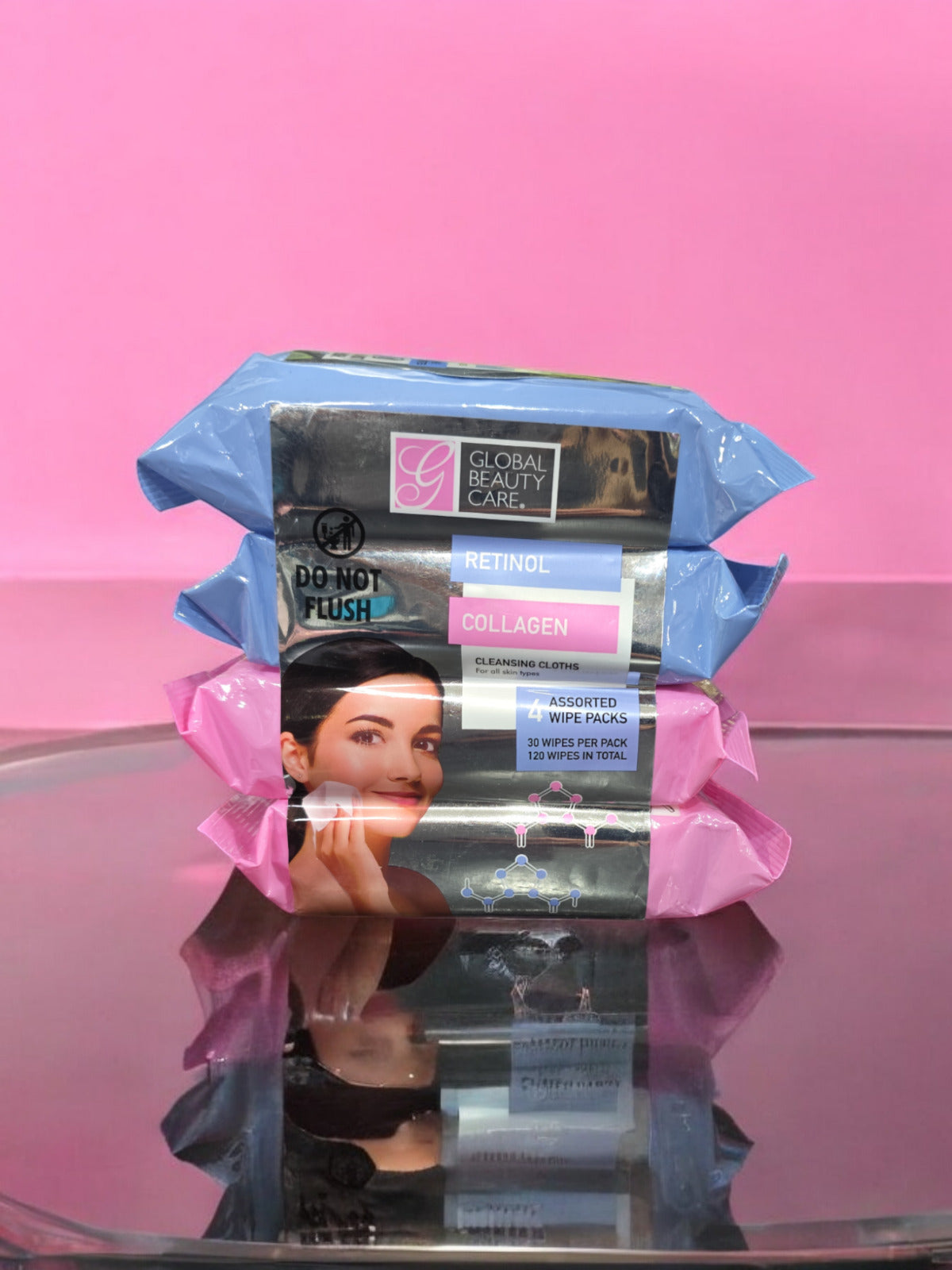 Global Beauty Care Retinol and Collagen Clensing Cloths-4 Assorted Wipe Packs