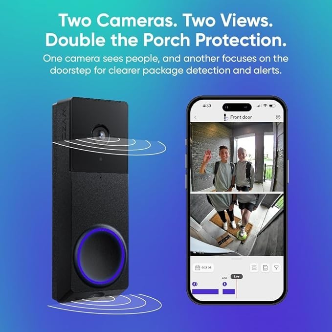 Wyze Wireless Duo Cam Doorbell, Battery, 2 Cameras, 2-Way Audio, Night Vision
