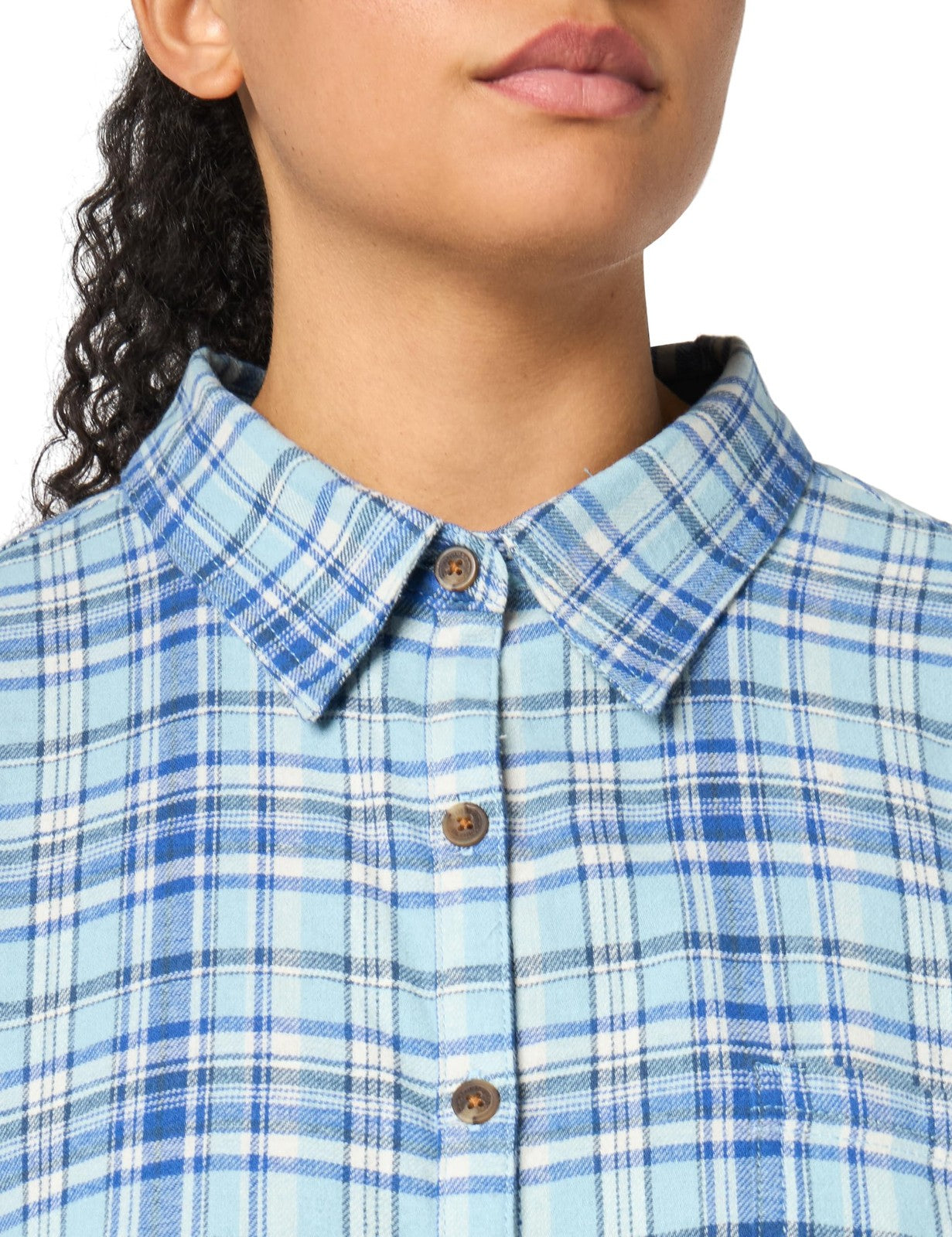 Women's Plaid Flannel Long Sleeve Shirt, Clear Blue Asymetrical Orchard Plaid, L