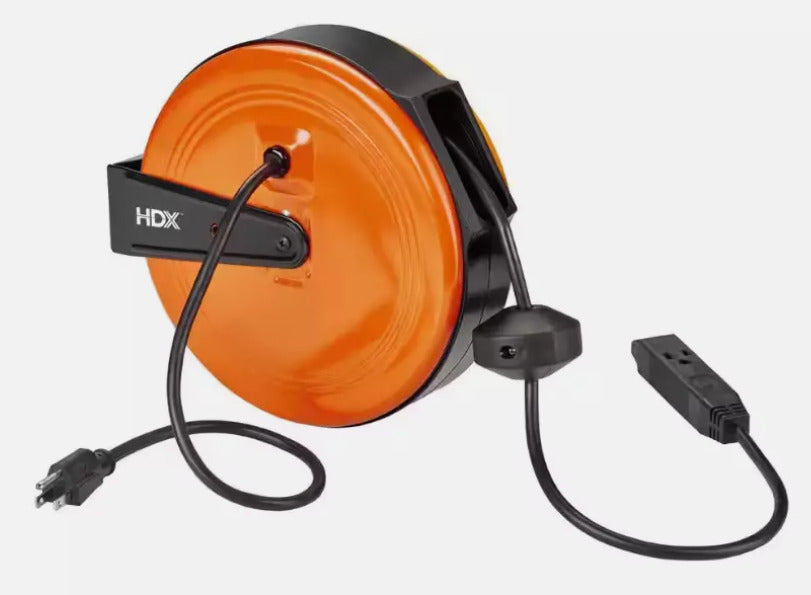 HDX 30 ft. 16/3 Retractable Cord Reel with 3 Grounded Outlets in Orange