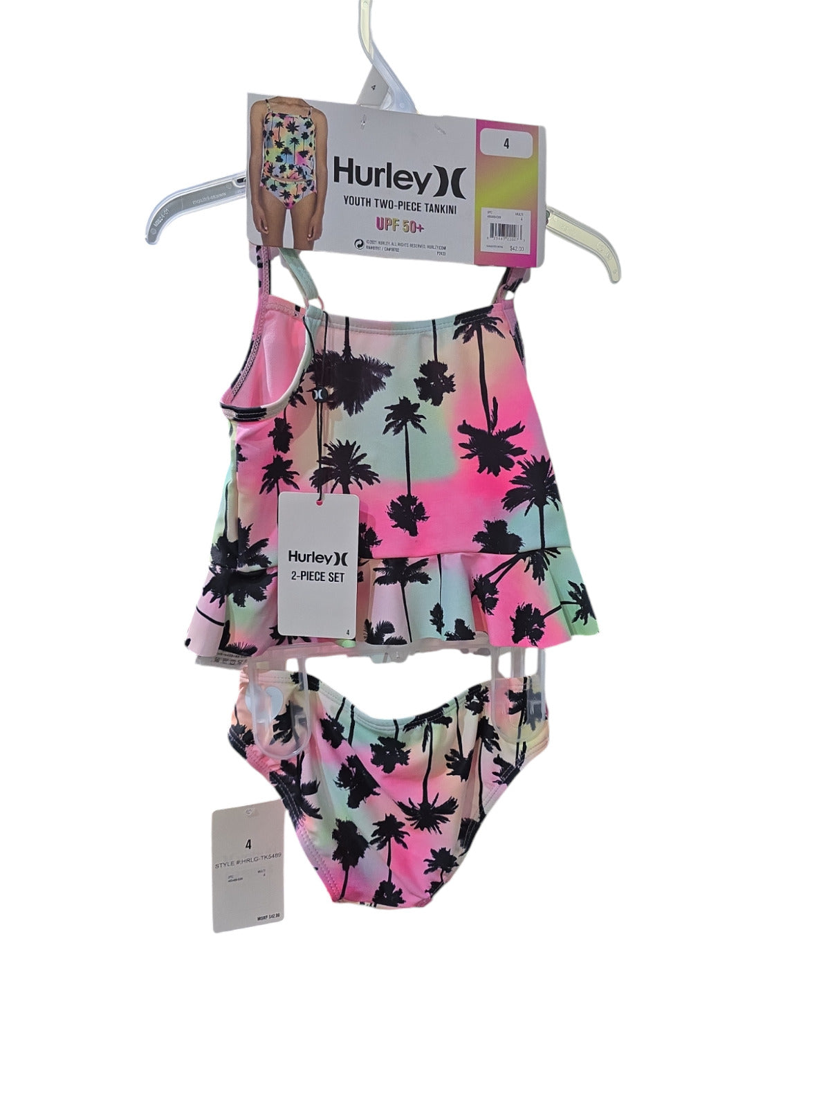 Hurley Youth Girl's UPF 50+ Palm Tree Tankini Swimsuit Set Girls, 4