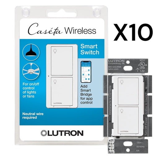 10PK Lutron Caseta SMART SWITCH for All Bulb Types& Fans- 5A WHITE- PD-5ANS-WH-R