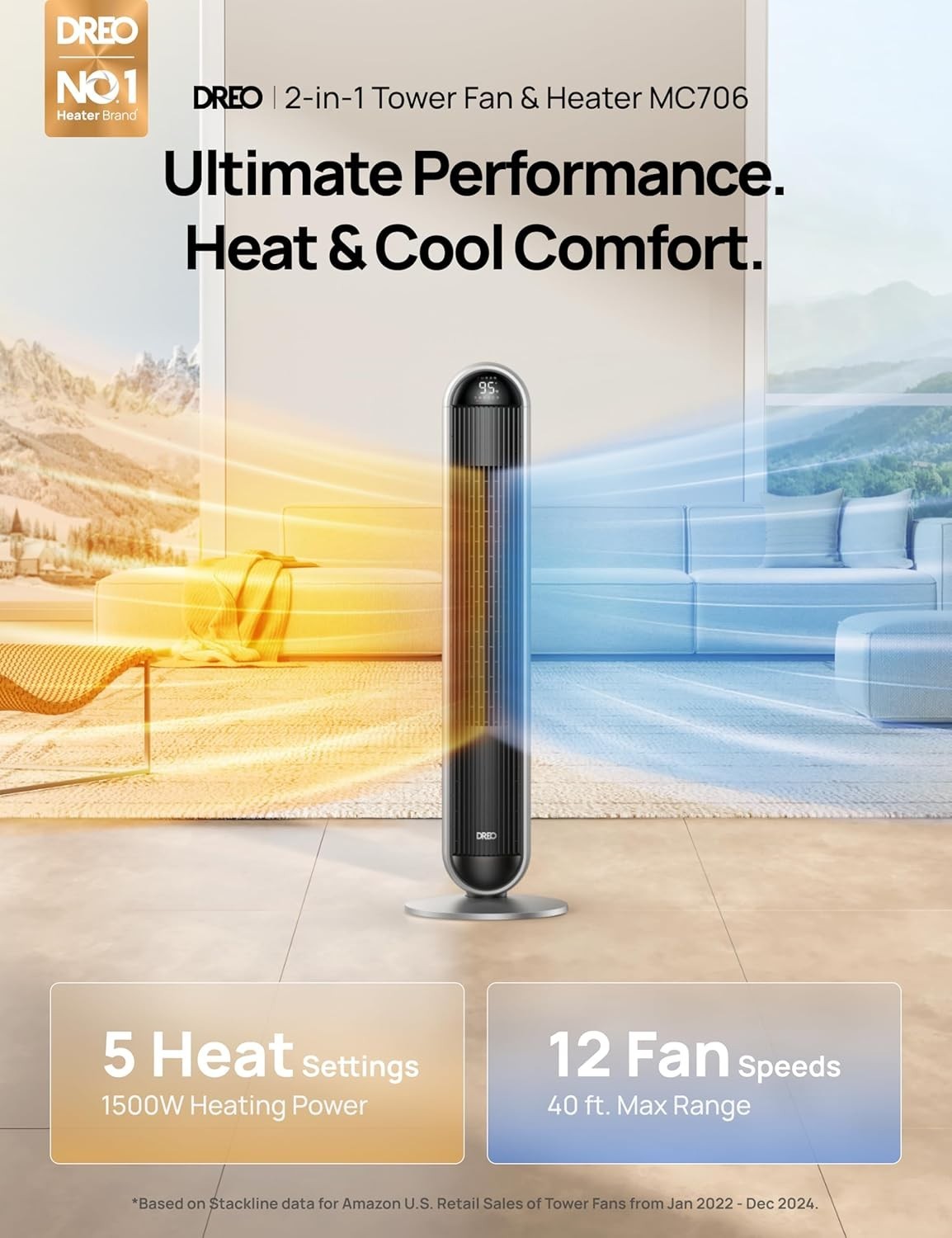 42" Oscillating Standing Tower Fan and Heater Combo, 29ft/s, Standing Fans, 120°