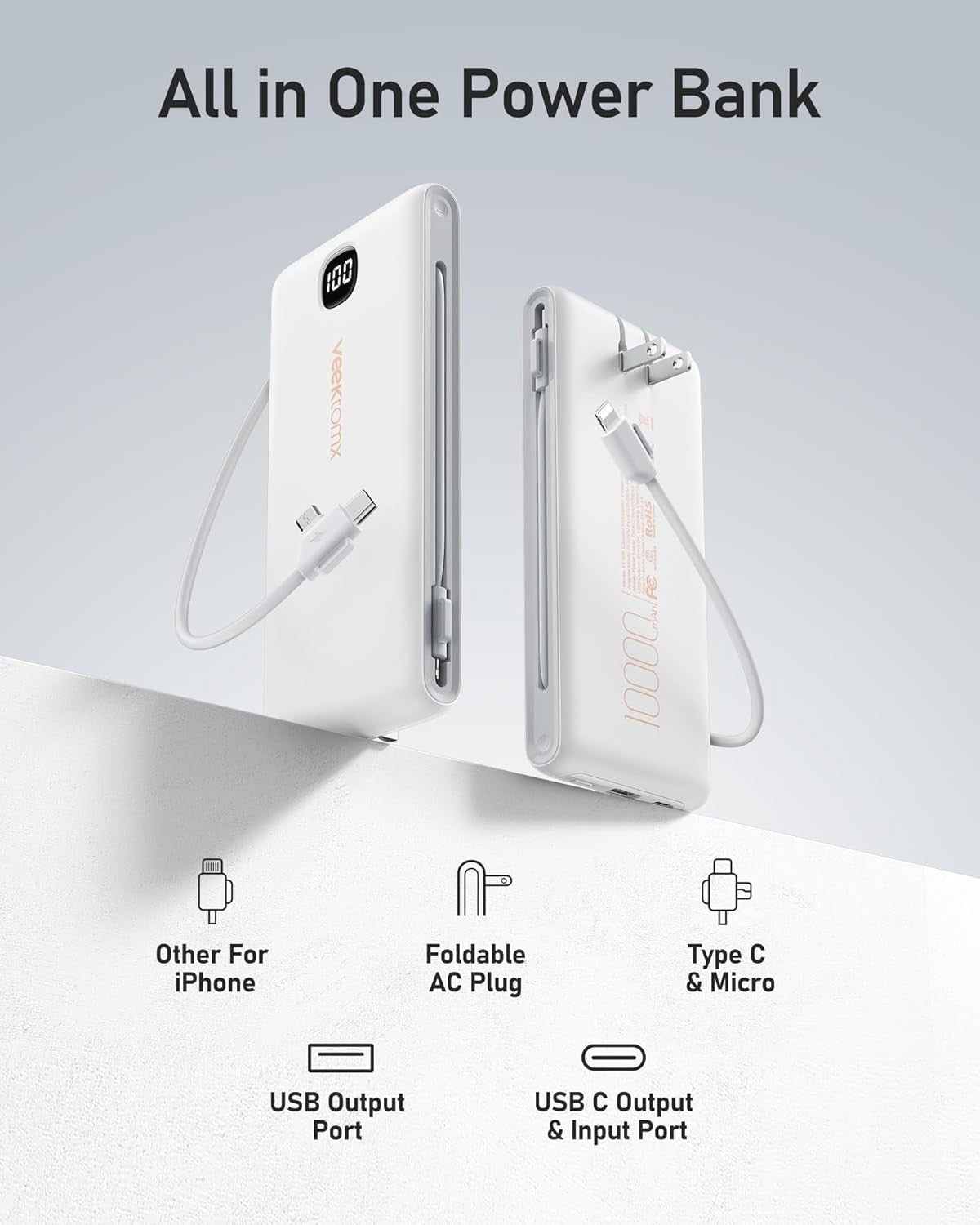 10000mAh Portable Power Bank with Built-in Cables & AC Wall Plug - Ultra Slim