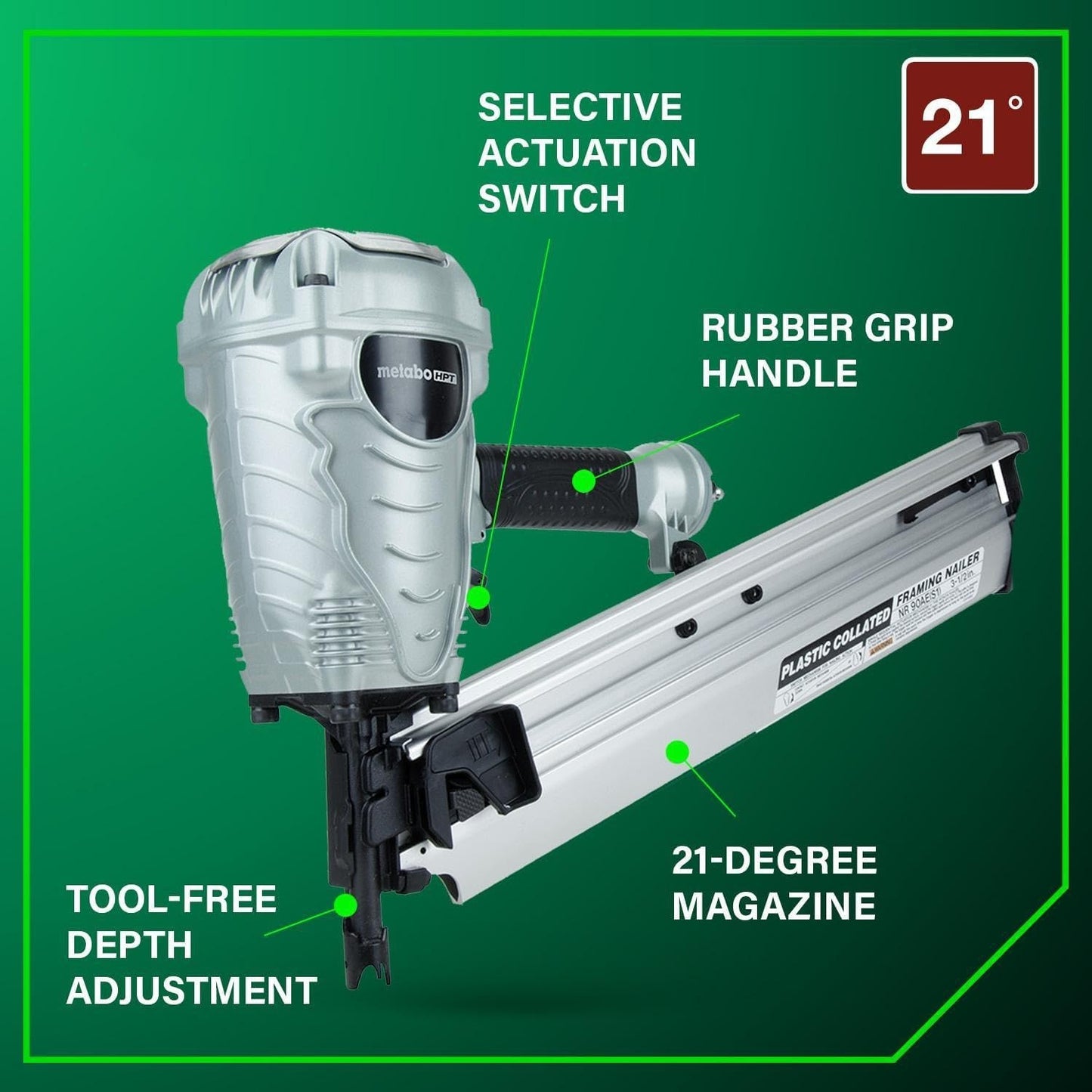 Metabo HPT NR90AES1M 21° 3-1/2" Plastic Collated Framing Nailer New