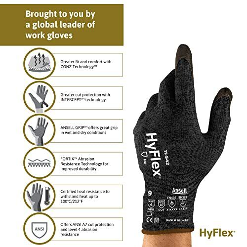 HyFlex 11-542 Cut Protection Gloves - Light, High Cut Protection, Grip, Size
