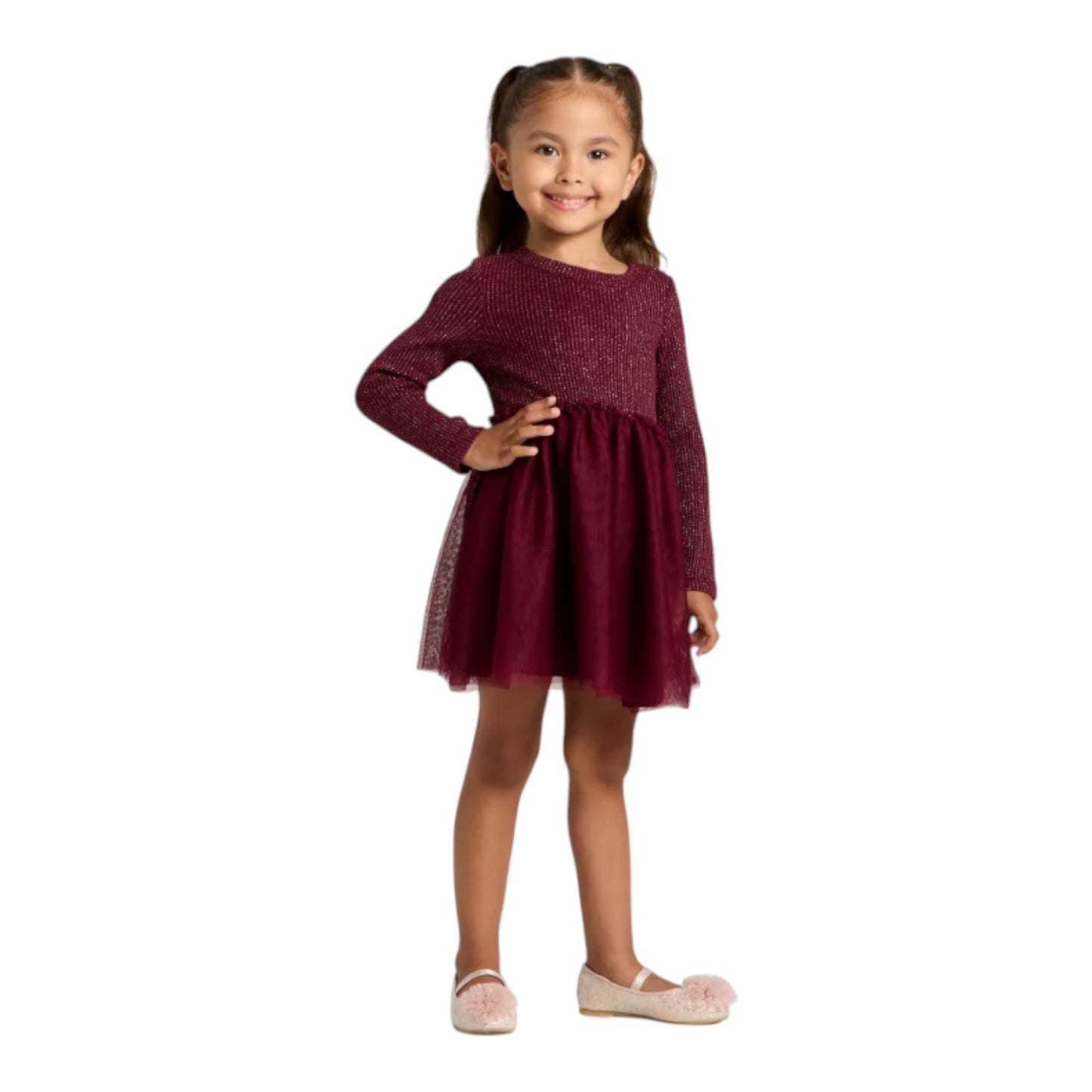 Toddler Girls' Long Sleeve Sparkle Ribbed Tulle Dress - Cat & Jack