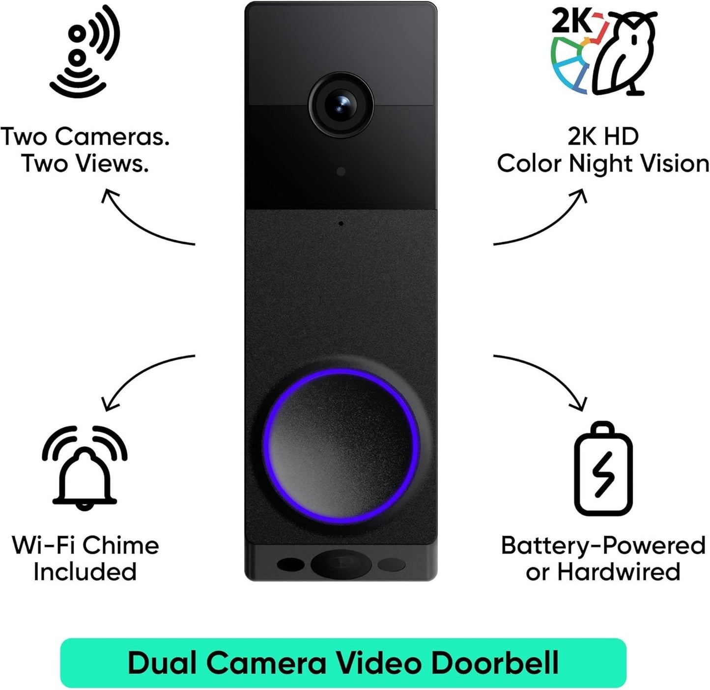 Wyze Wireless Duo Cam Doorbell, Battery, 2 Cameras, 2-Way Audio, Night Vision