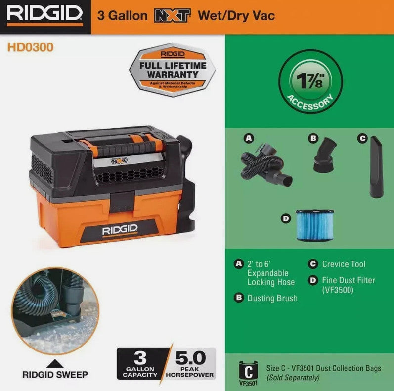 Ridgid 3 Gallon 5.0 Peak HP NXT Shop Vac Wet Dry Vacuum with Fine Dust Filter