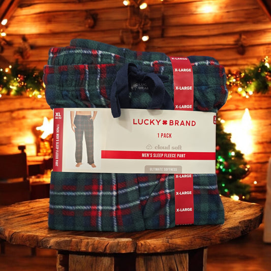 Lucky Brand Men's Sleep Fleece Pant, Green Plaid, XL