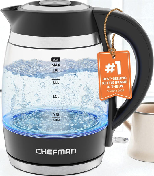 1.8L Electric Kettle, 1500W Fast Boil, Borosilicate Glass, Auto Shutoff,BPA Free