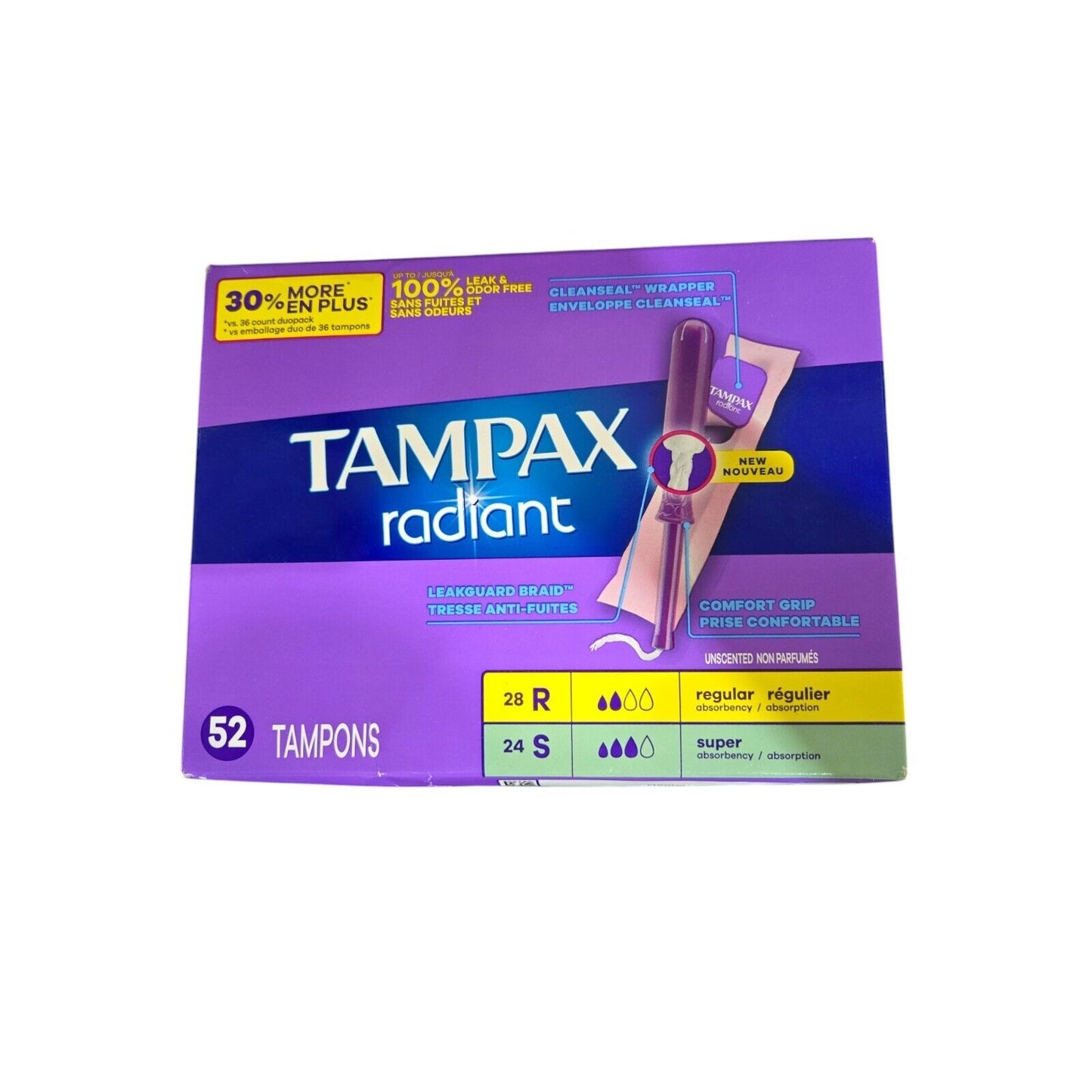 Tampax Radiant Clean Seal Wrap Leak Guard Tampons (28 Regular + 24 Super) 52ct