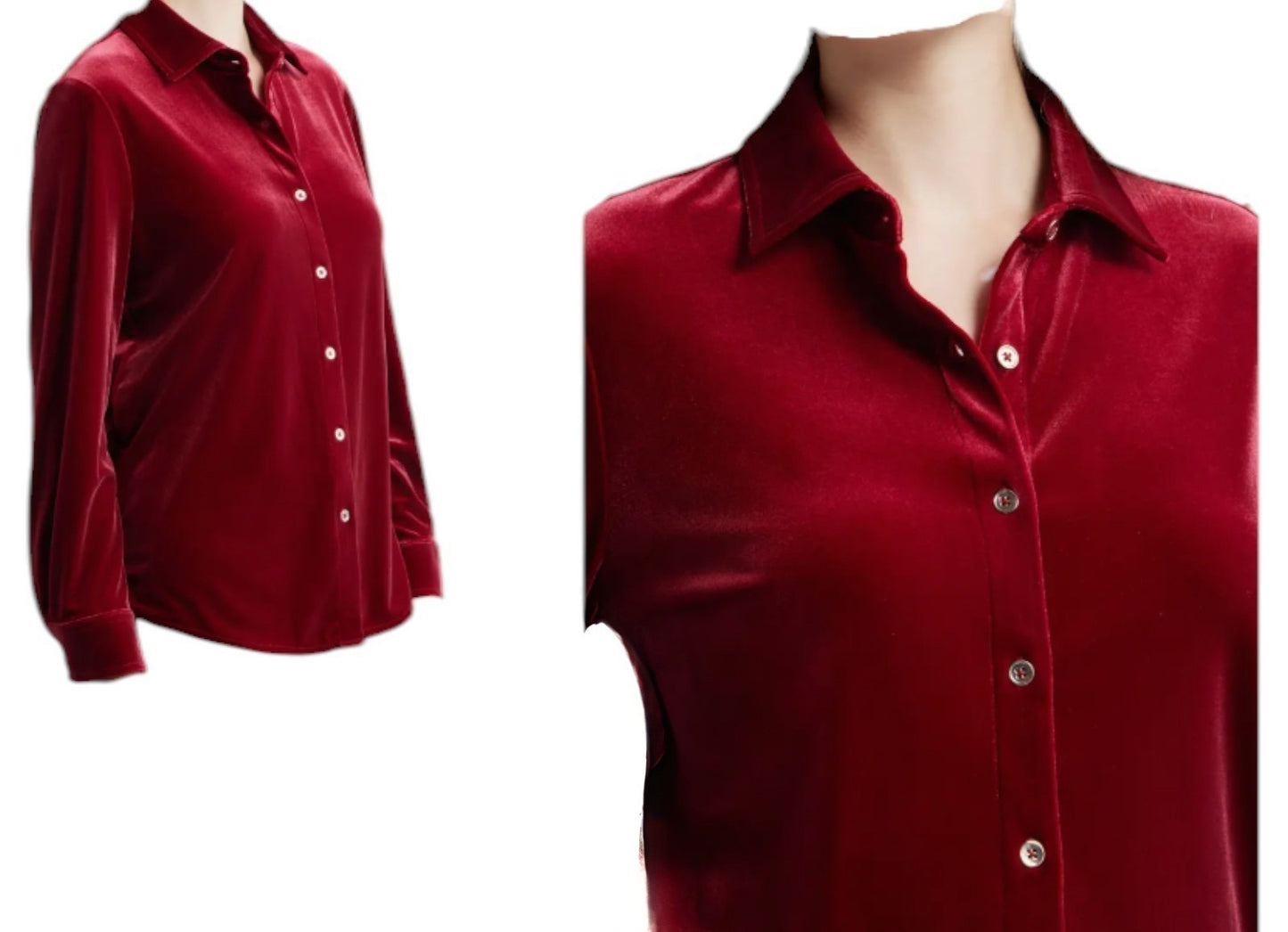 Women's Anne Klein AK Velour Long Sleeve Button Front Dress Shirt | Red, Blue