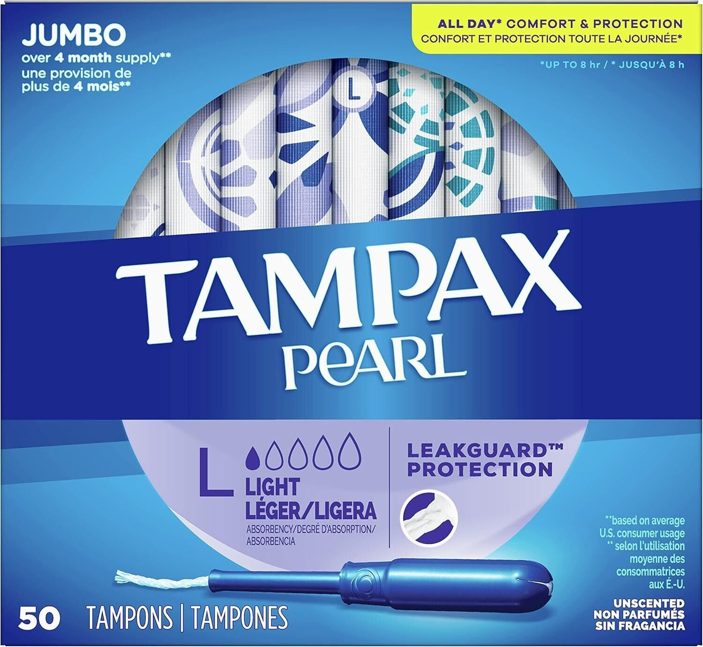 Tampax Pearl Tampons Light Unscented 50ct Leakguard Braid Individually Sealed