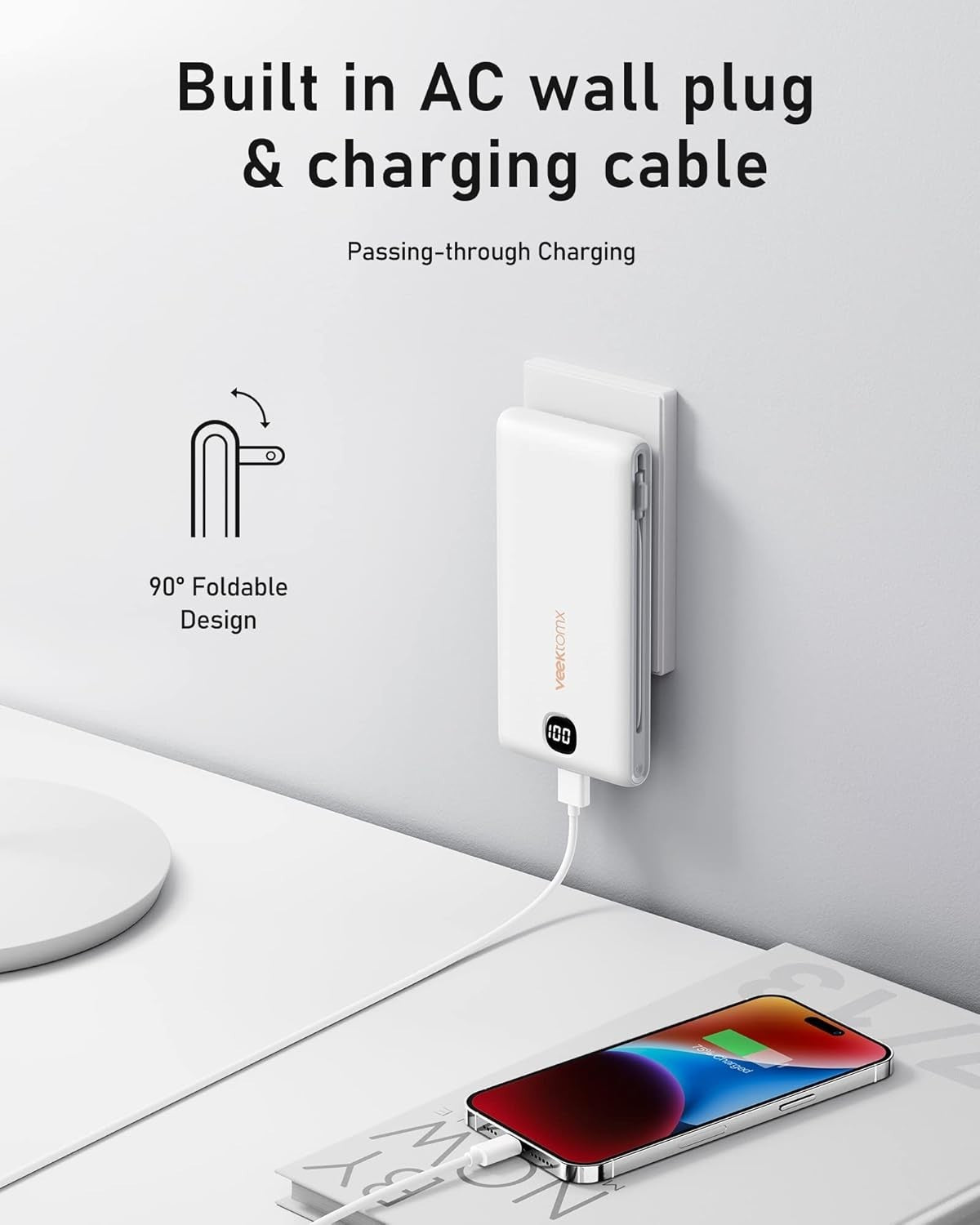 10000mAh Portable Power Bank with Built-in Cables & AC Wall Plug - Ultra Slim