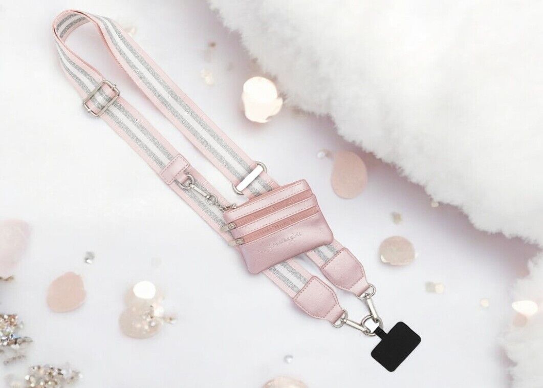 Clip & Go Phone Strap (Stripe - Pink/Silver/White - Pink Pouch) – Crossbody