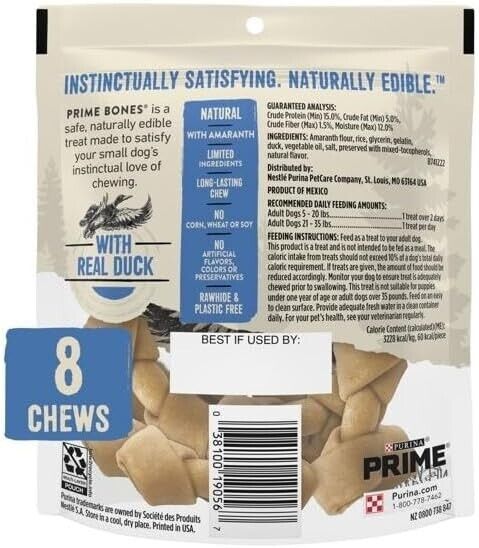 Purina Prime Bones Rawhide Free Natural Dog Treats with Real Duck Mini Knotted