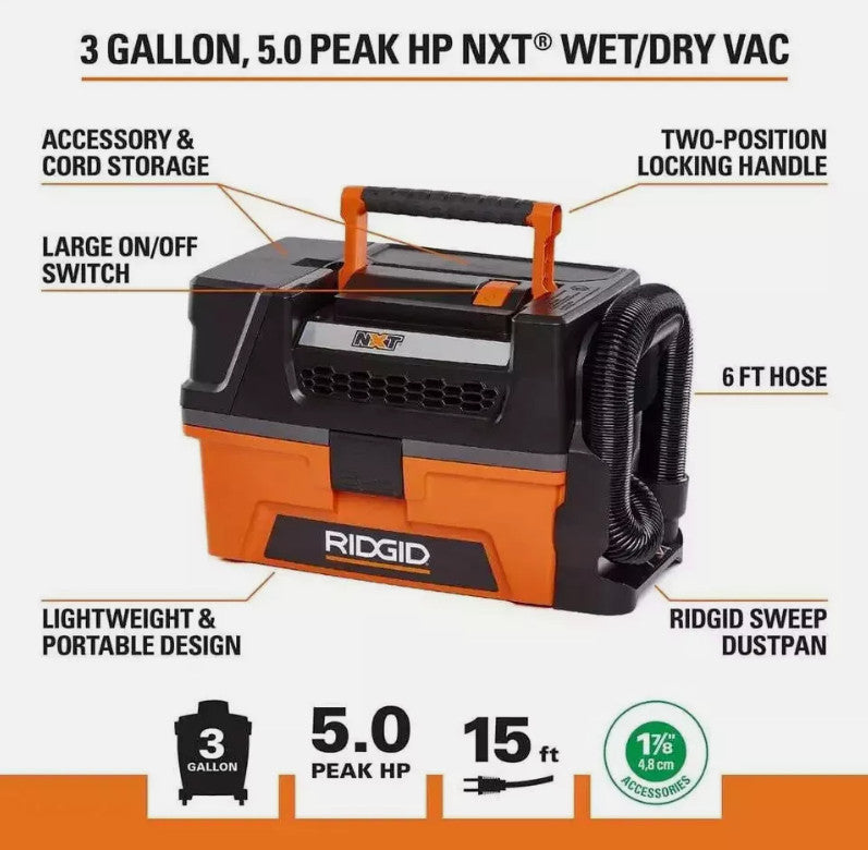 Ridgid 3 Gallon 5.0 Peak HP NXT Shop Vac Wet Dry Vacuum with Fine Dust Filter