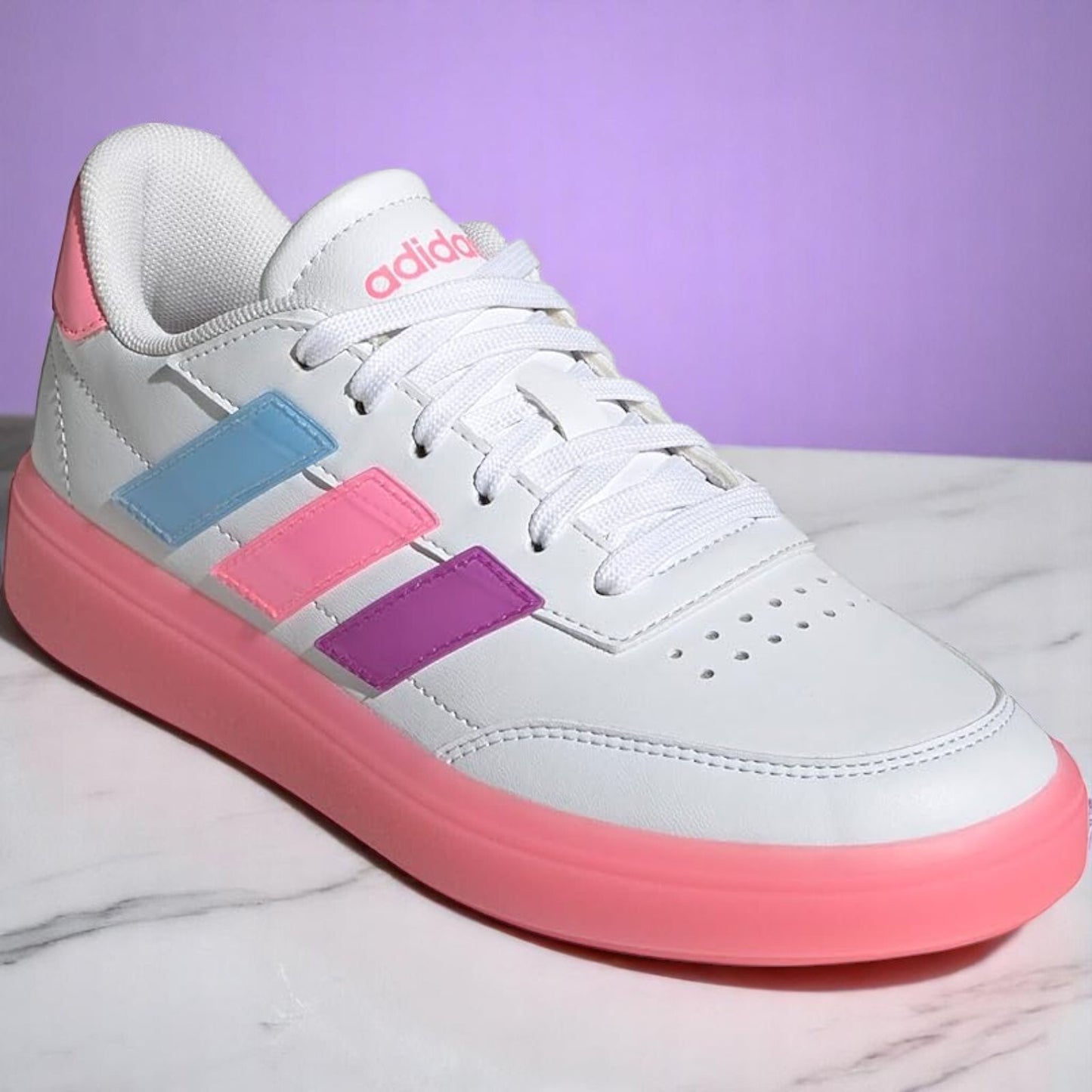 Adidas Court Block El C Youth Kids Tennis Shoes White, Pink, Purple and Blue