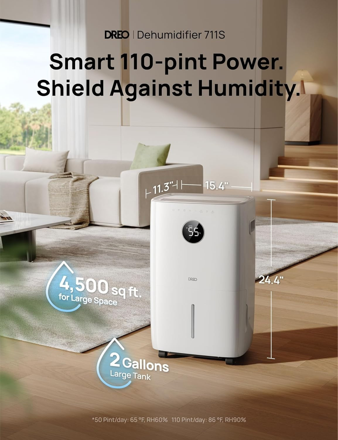 Dreo 110-Pint Smart Dehumidifier for Basement, 4500 Ft² for Large Room,