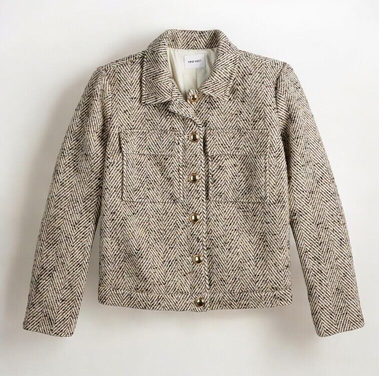 Women's Nine West Cropped Button-Front Jacket, Brown Herringbone, L