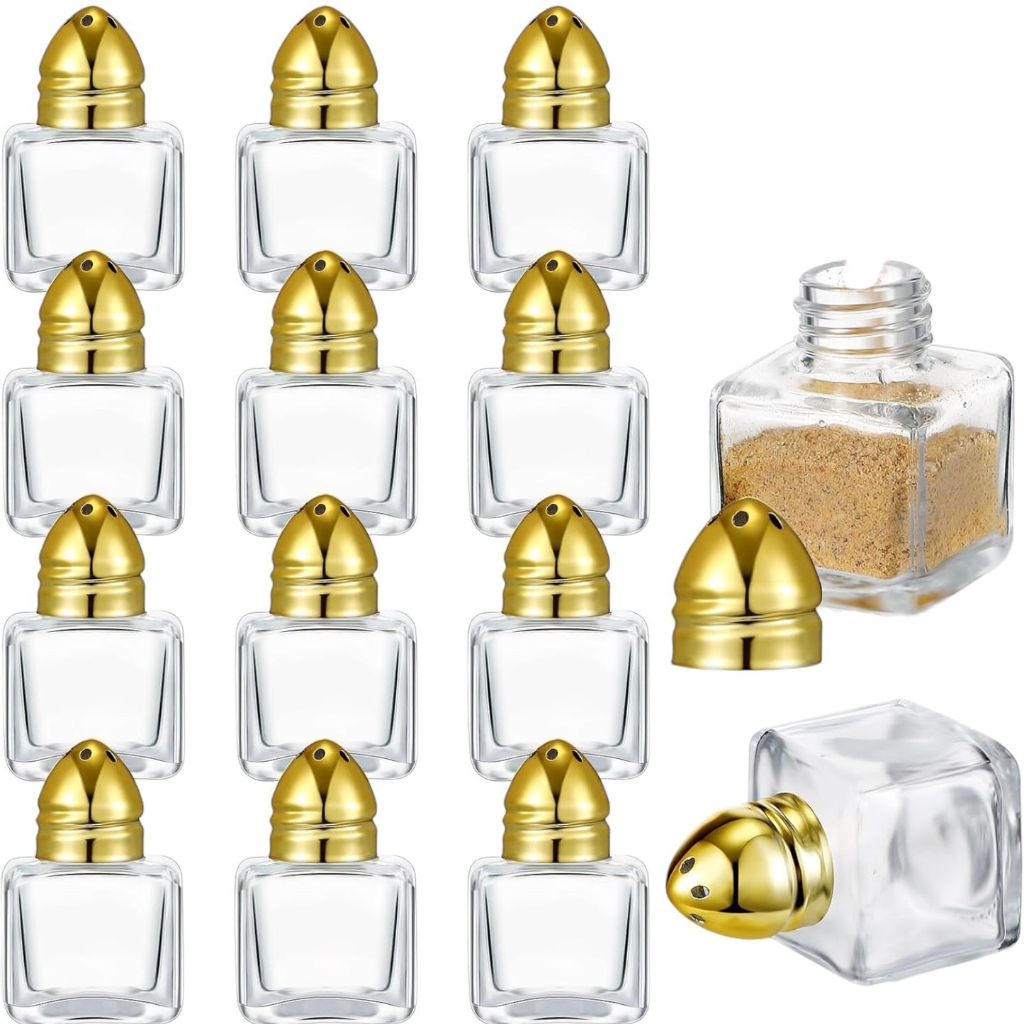 Clear Glass Mini Cube Salt & Pepper Shakers with Gold-tone Tops - 1/2 ounce each