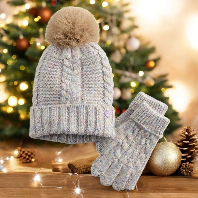 Madden Girl Girl's Pom Beanie & Glove Set,(7-16),White