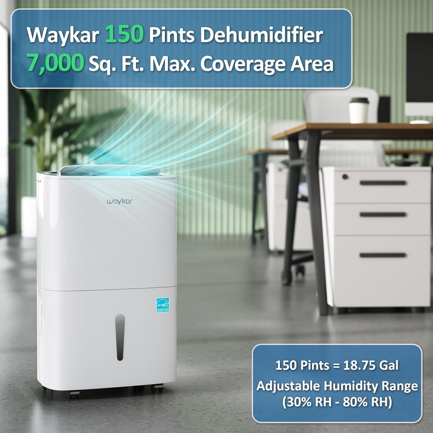 Waykar 150 Pint Energy Star Dehumidifier 4 Home, Basement & Large Space w/ Pump