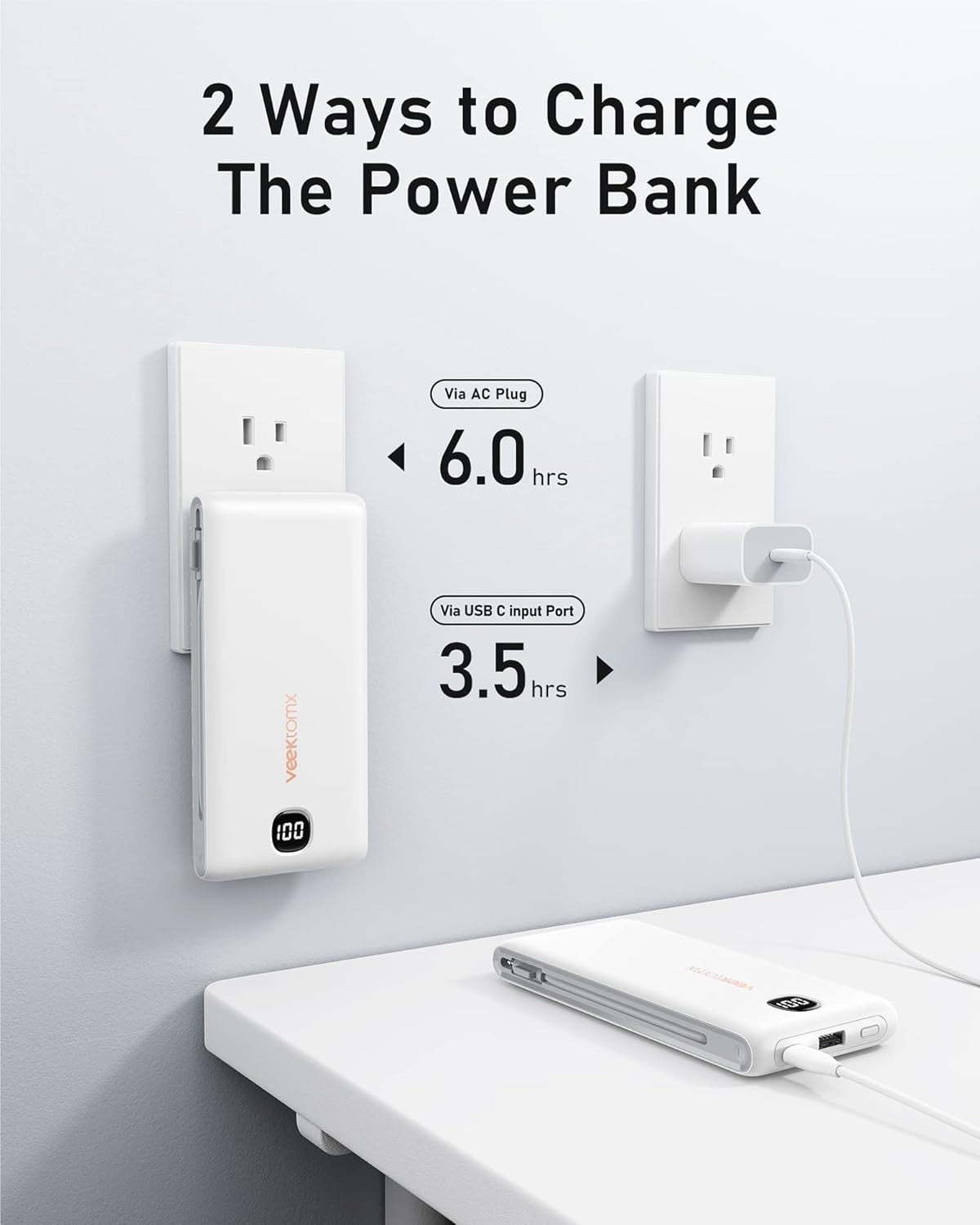 10000mAh Portable Power Bank with Built-in Cables & AC Wall Plug - Ultra Slim