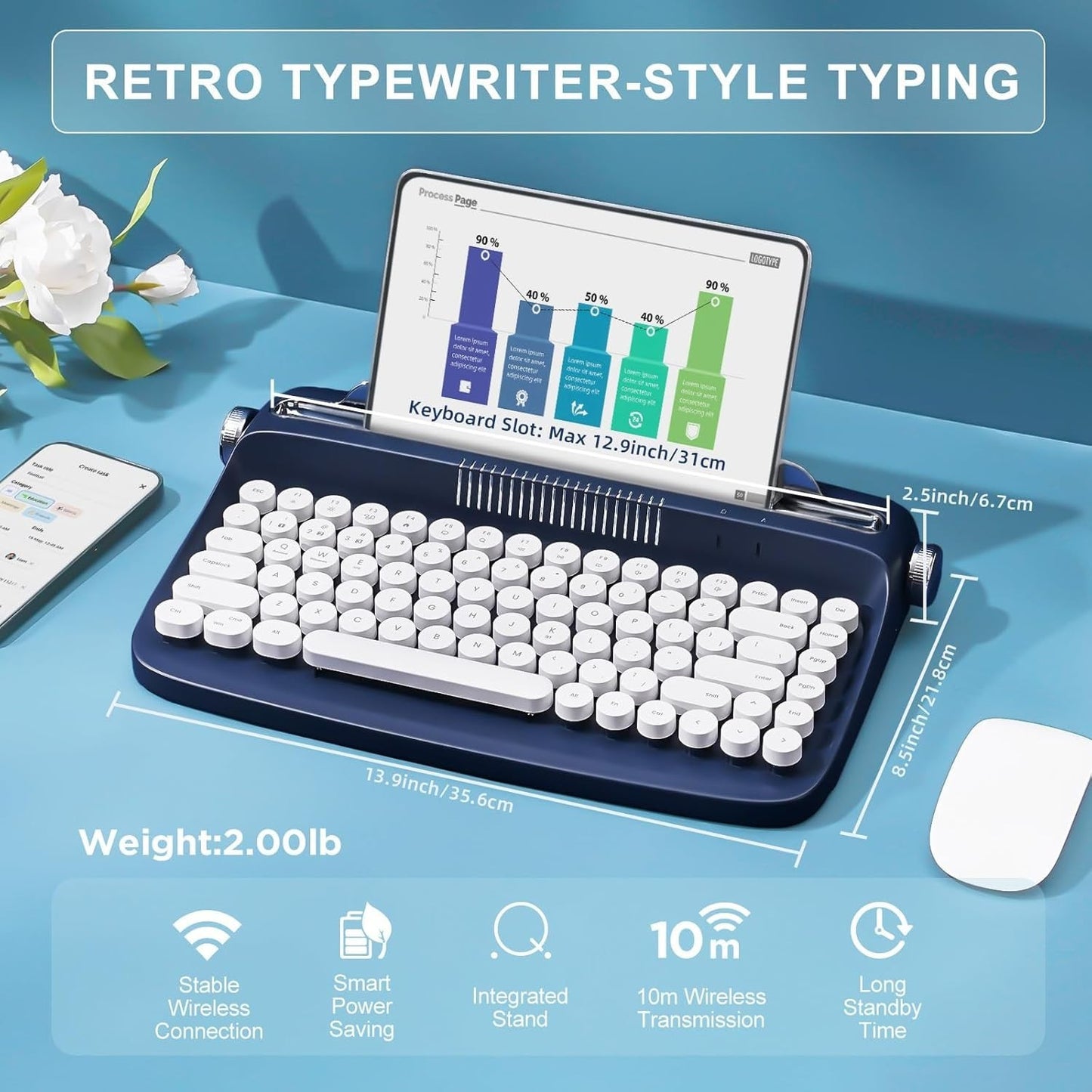 YUNZII ACTTO B303 Vintage Keyboard White/Midnight Wireless Bluetooth