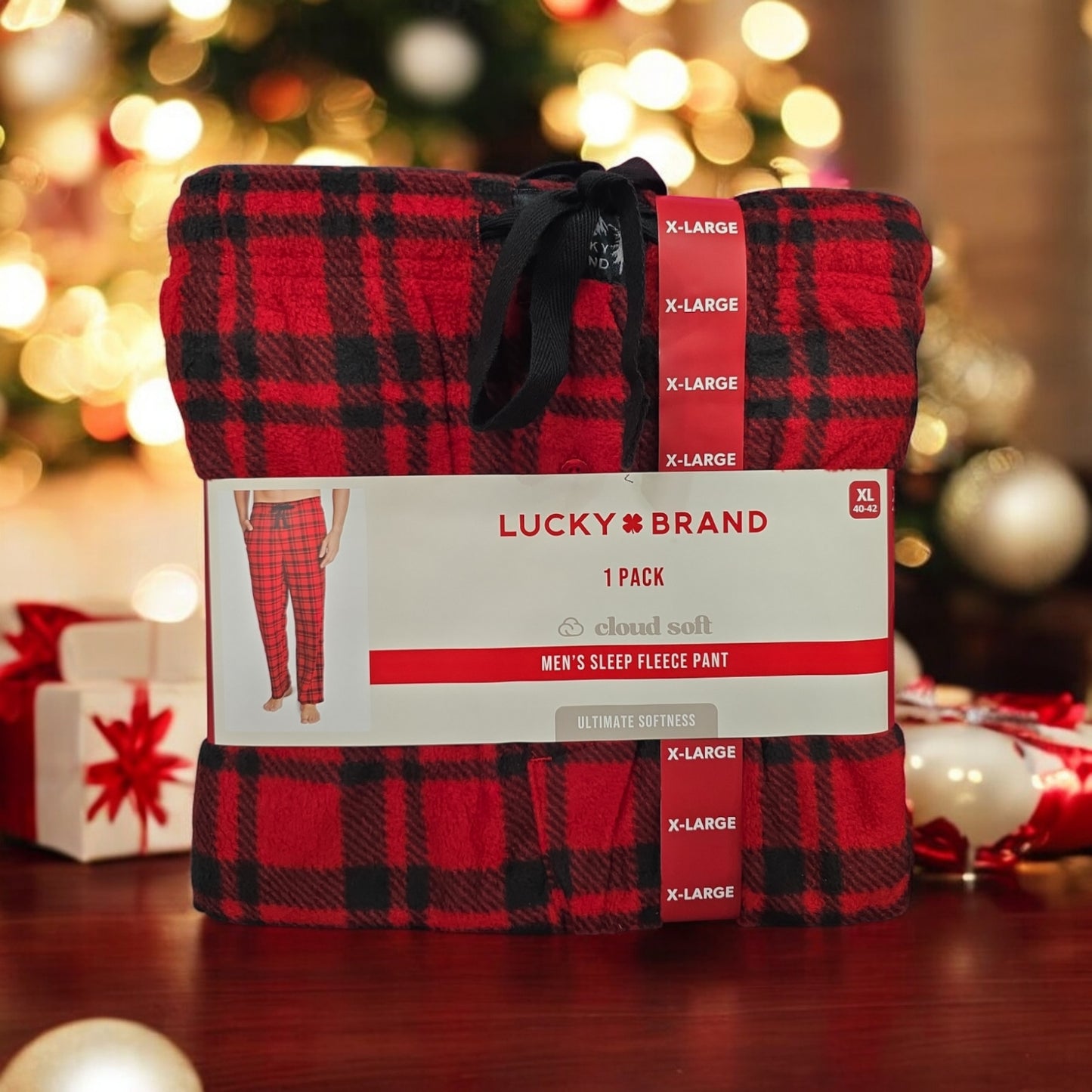 Lucky Brand Men's Sleep Fleece Pant, Red Plaid, XL