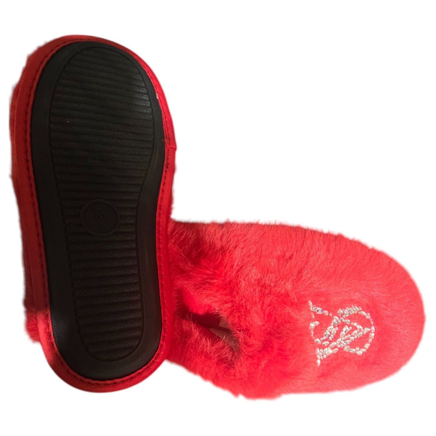 VICTORIA'S SECRET RED FAUX FUR COZY SLIPPERS | BLING VS LOGO | SIZE SMALL
