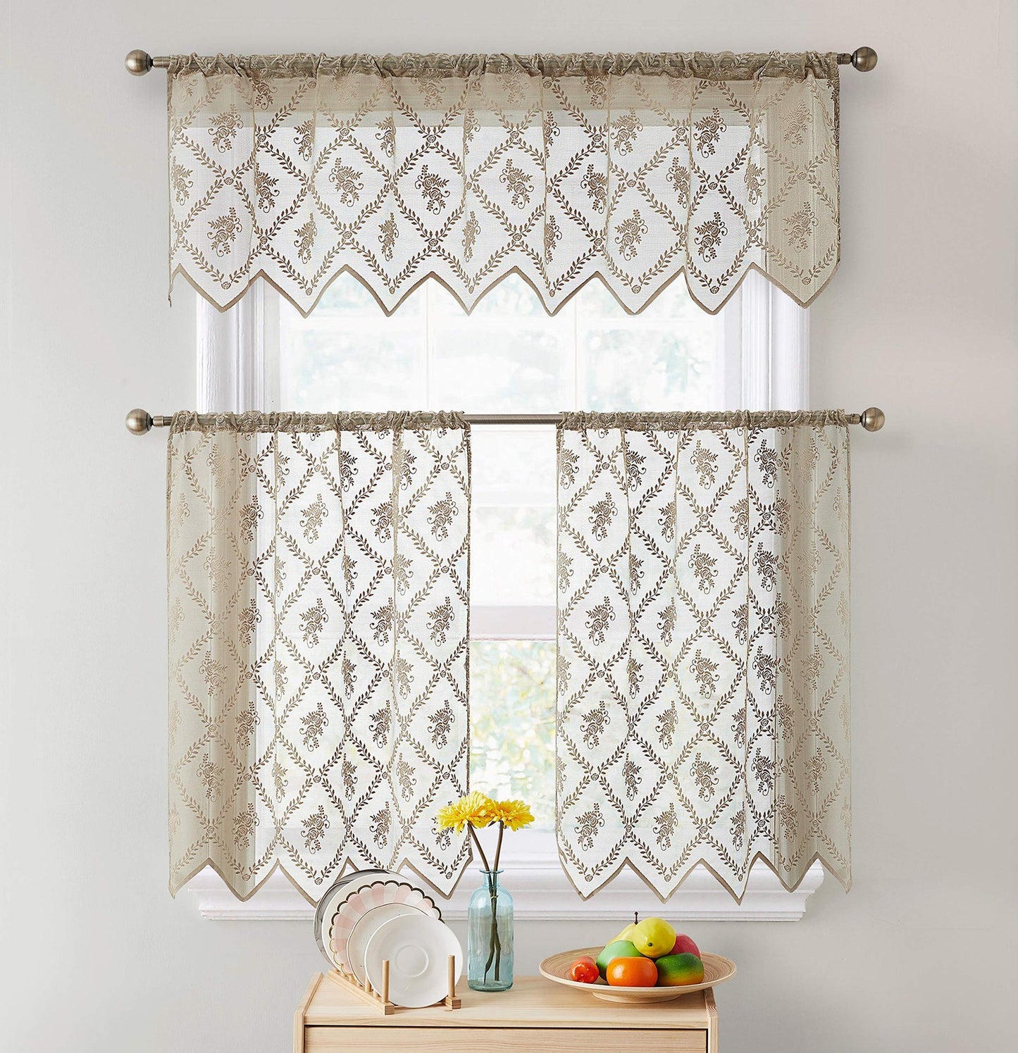 HLC.ME Isabella Lace Kitchen Curtains Semi Sheer Valance 54x18 in Taupe
