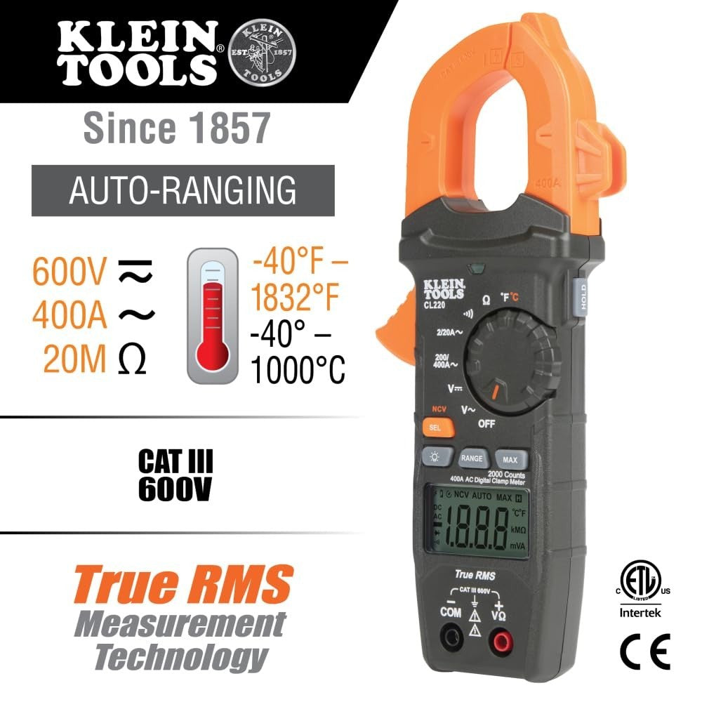 Klein Tools 400 Amp Digital Clamp Meter AC Auto Ranging W/ Temperature CL220