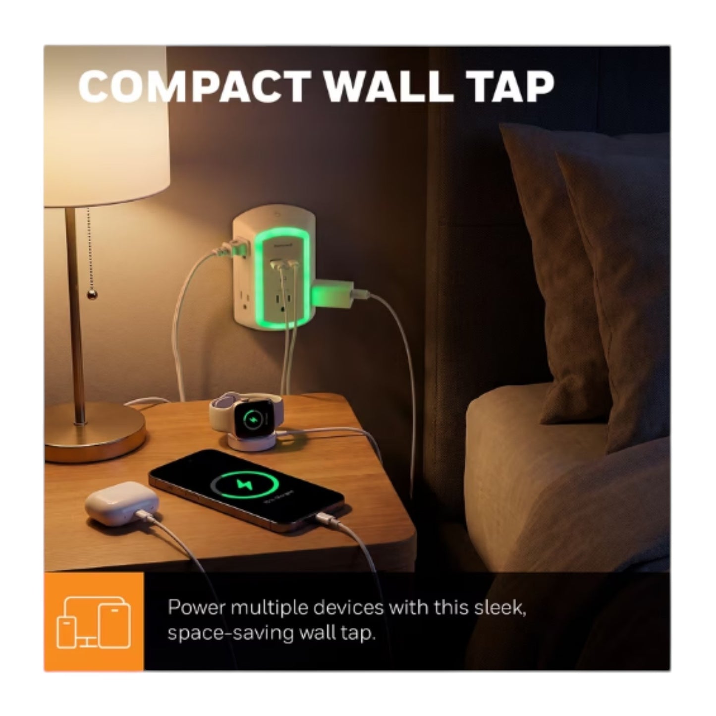 Honeywell Wall Outlet Extender with Night Light USB C Surge Protector Splitter