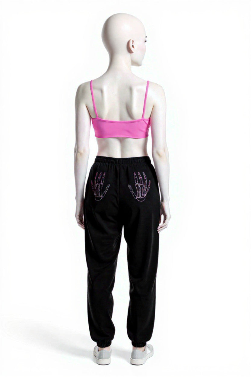 PINK Victoria's Secret Black Joggers with Purple Bling Skeleton Hands on Butt