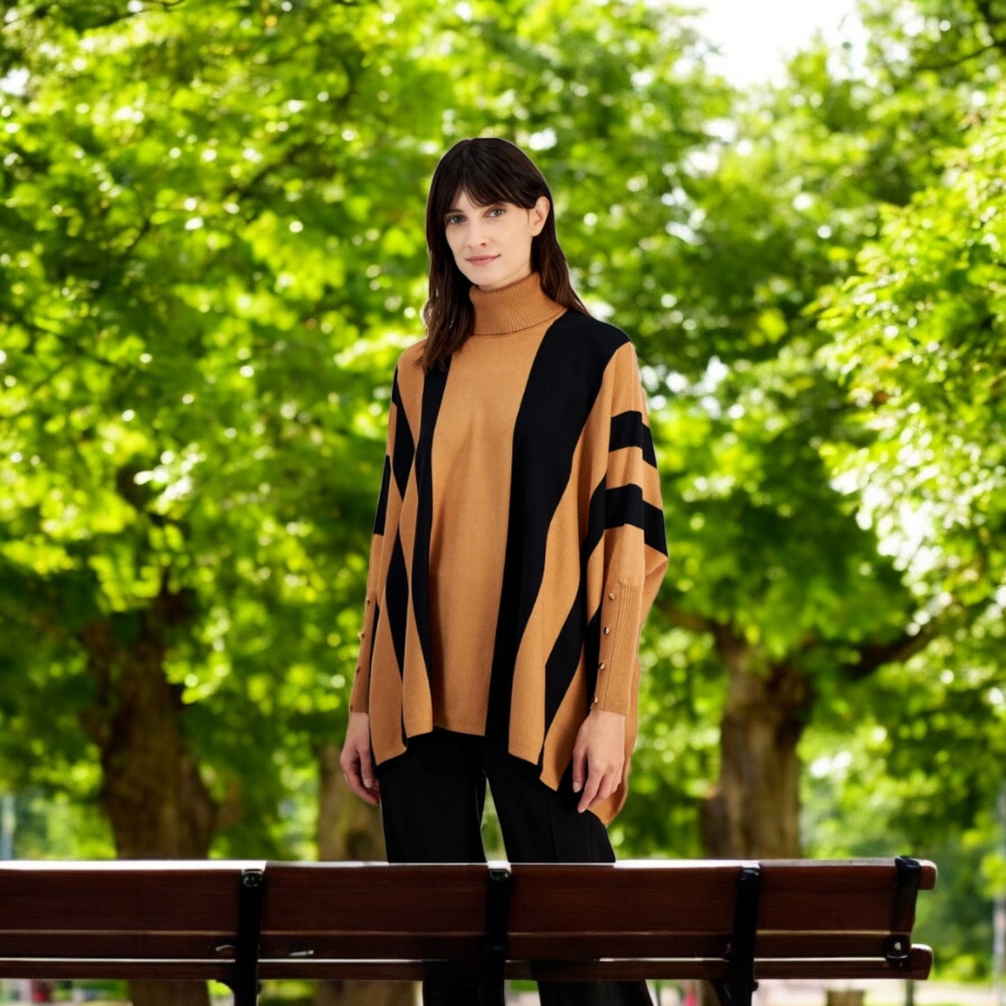 JM Collection Women's Printed Poncho Turtleneck Sweater, Canyon Trail, PP