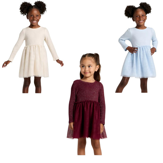 Toddler Girls' Long Sleeve Sparkle Ribbed Tulle Dress - Cat & Jack