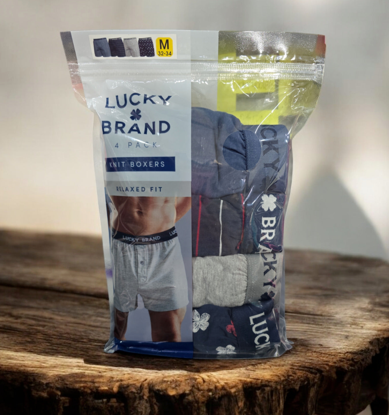 Lucky Brand Men's 4-Pack Knit Boxer, Relaxed Fit, Blue Multi, M(32-34)