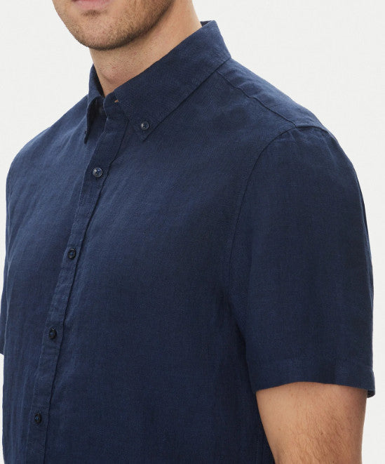 Michael Kors Mens Slim Fit Linen Button Up Shirt, Dark Midnight - CS1400I4YT NWT
